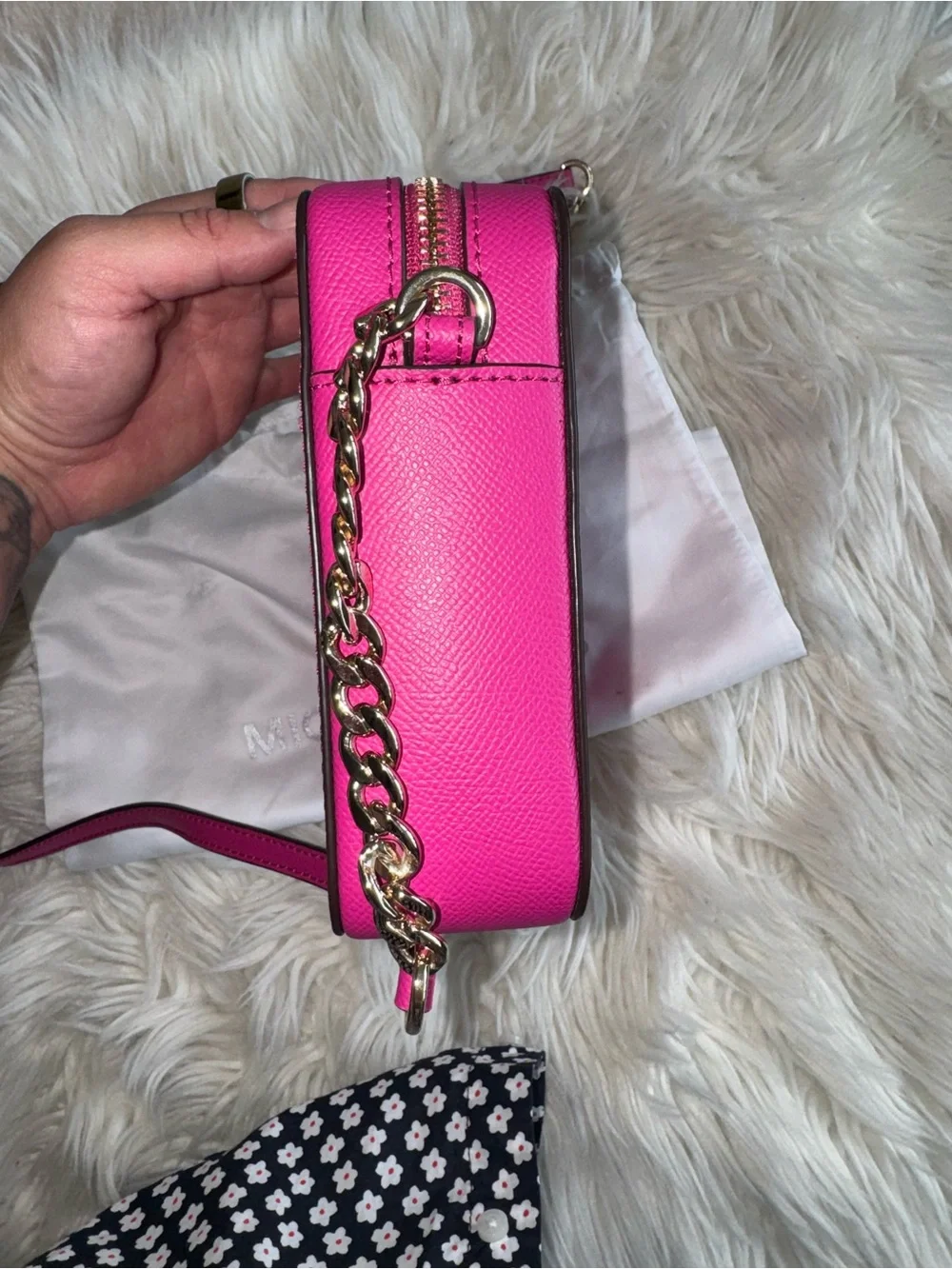 Michael Kors Hot Pink Saffiano Crossbody with Gold Chain